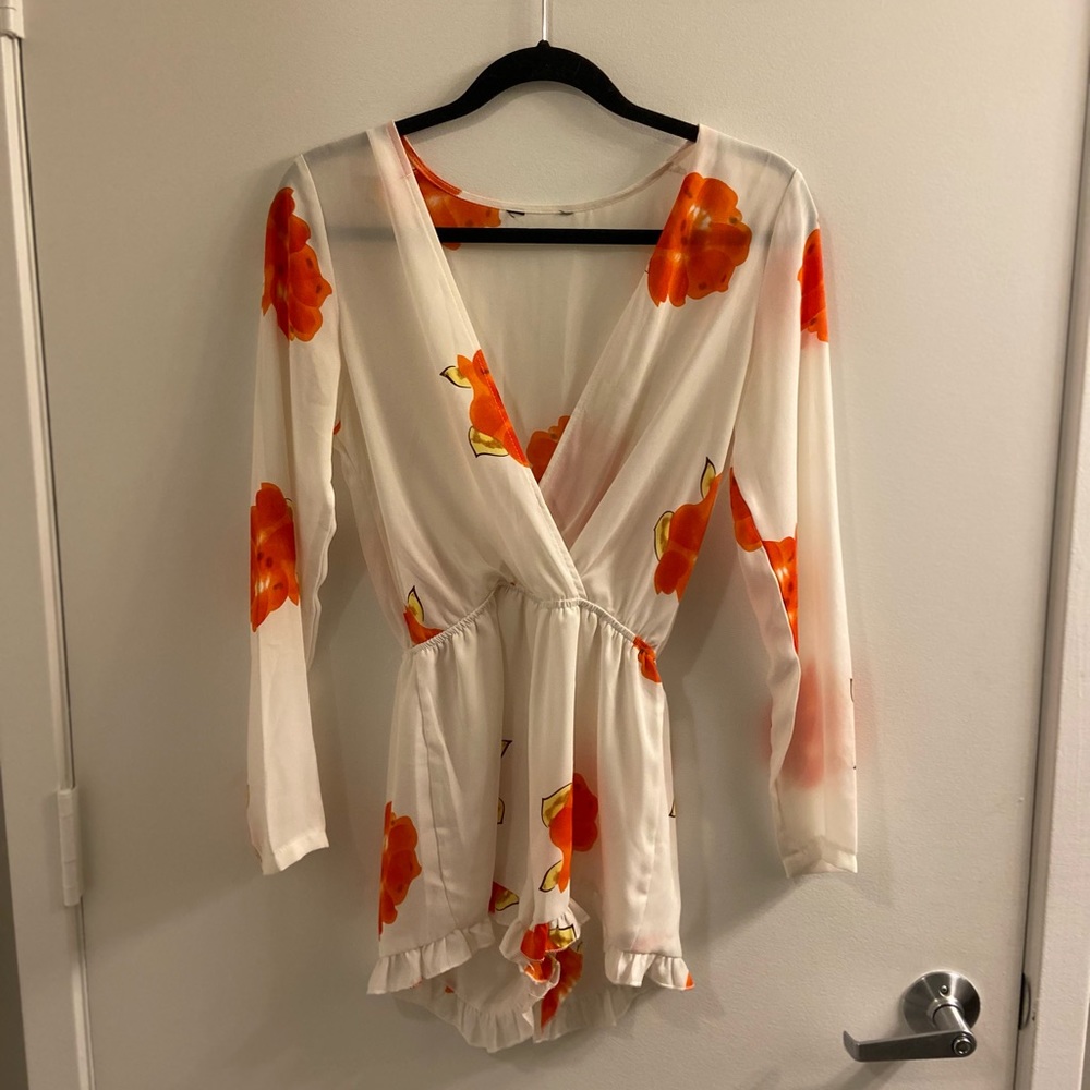 White and orange floral romper